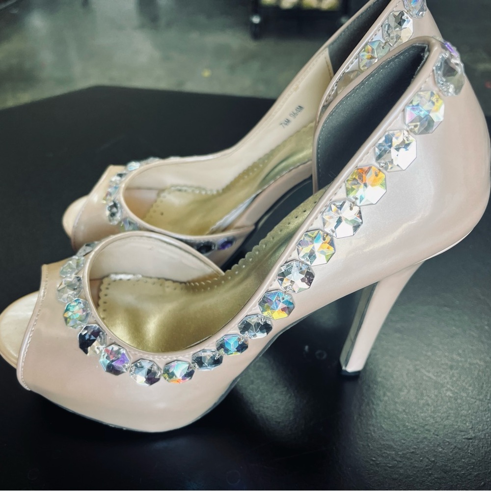 Johnathan Kayne Cream Peep-Toe Heels with Crystal Embellishments - Picture 8 of 8